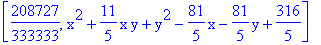 [208727/333333, x^2+11/5*x*y+y^2-81/5*x-81/5*y+316/5]